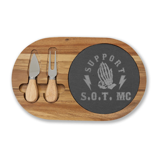 Engraved Bamboo Charcuterie Board with Slate Inlay & Cheese Tools — "Support S.O.T. MC" Design